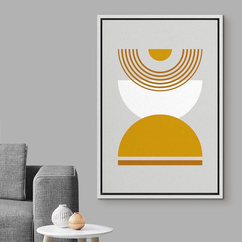 Motif abstrait de style Mid-Century Boho, inspiré du soleil et des formes abstraites - cadre flottant sur toile, Cadre blanc