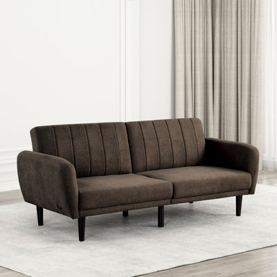 Futon brun moderne avec dossier à pieds en fer, convertible en lit, tissu, ressorts ensachés, accoudoirs souples de style milieu du siècle, pieds, dossier capitonné, convertible en lit.
