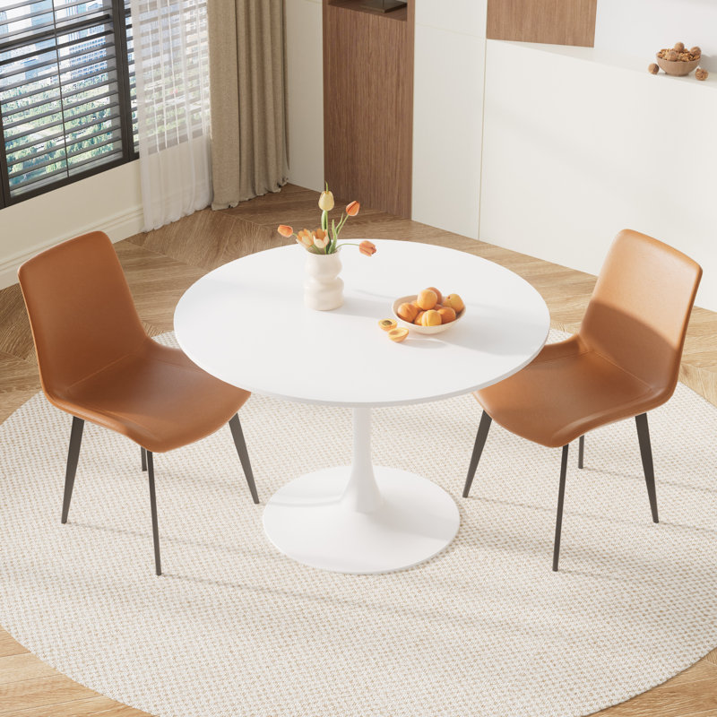 Petit ensemble de salle à manger à piédestal rond, Blanc, 3 pièces: table, 2 chaises, Brun