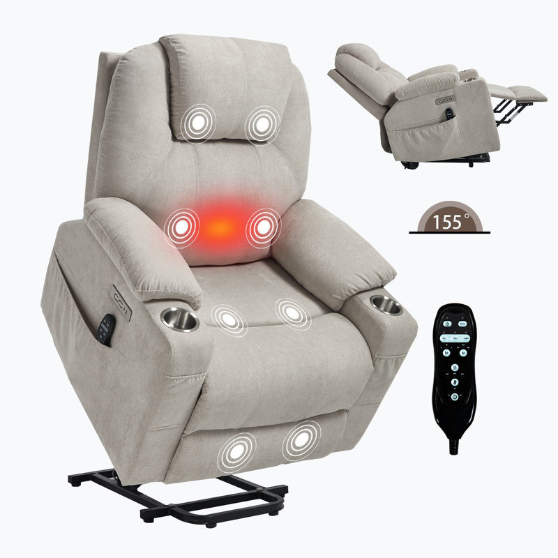 Up To 350 Lbs Chenille Power Lift Recliner Chair, Heavy Duty Motion Mechanism With 8-point Vibration Massage And Lumbar Heating, Usb And Type-c Ports, Stainless Steel Cup Holders