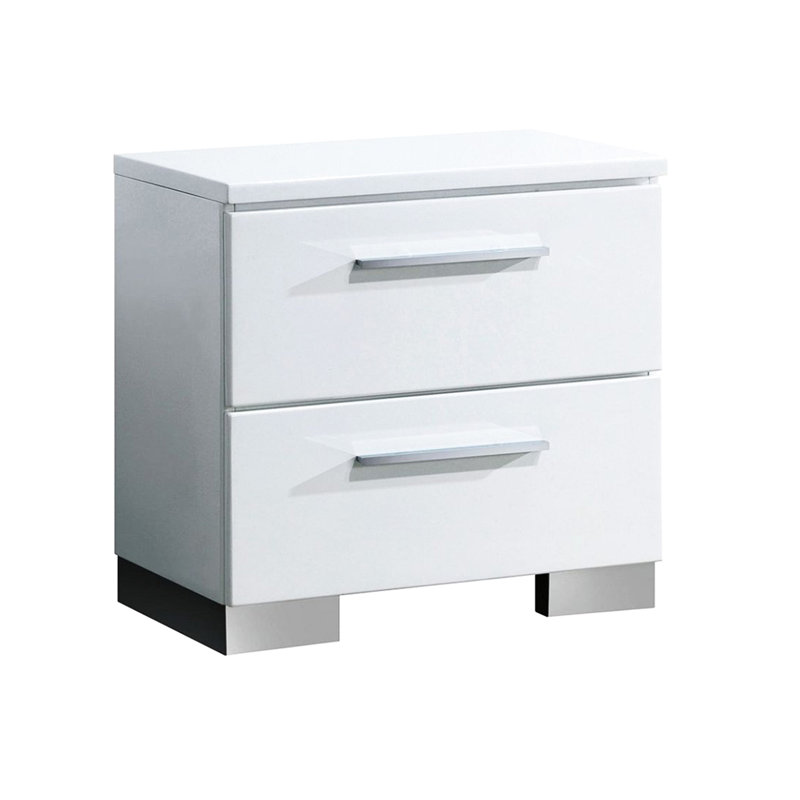 Table de chevet blanche brillante avec 2 tiroirs et poignées en métal pour le rangement des glissières de décoration