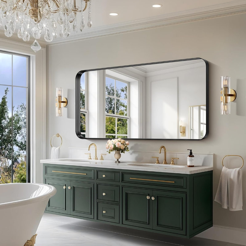 Miroir de salle de bain noir, miroir rectangulaire de 30 po x 60 po avec cadre en métal profond, coin arrondi, verre trempé, grand miroir mural, plus de 2 lavabos, installé verticalement / horizontalement, cristal clair