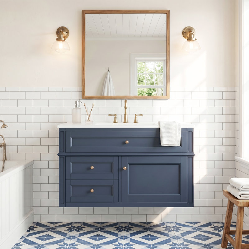 36 inch MDF Wall-Mounted Bathroom Vanity Blue Soft-Close Integrated Ceramic Glossy White Includes Drawers & 3-Hole Single Ceramic Sink