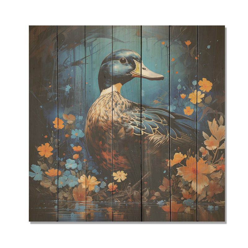 Blue Duck Midnight Ponder II - Duck Animal On Wood Print, 15" H x 15" W