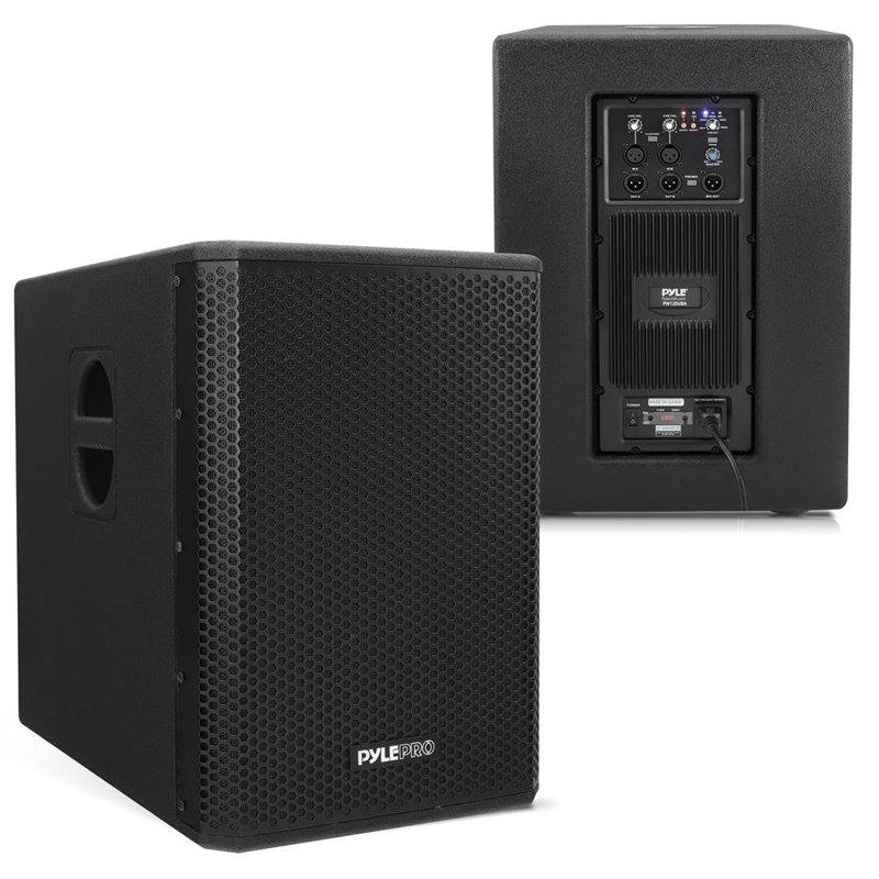 Ensemble de haut-parleurs de caisson de basses de 1 600 watts Pyle - caisson de basses actif de 12 po pour système de sonorisation, basses plus puissantes, avec traitement numérique du signal DSP, douille de support de poteau intégrée et poignées de transport