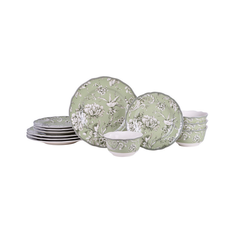 Ensemble de vaisselle en porcelaine 12 pièces 222 Fifth Adelaide Blush - Service For 4, ensemble d'assiettes et de bols, Vert