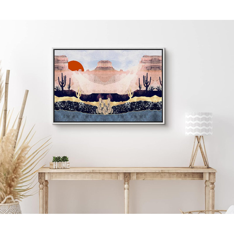 Sun Mountain Range, paysage désertique rose avec soleil rouge, impression sur toile, H 16 po x l 24 po x P 1,5 po, Blanc
