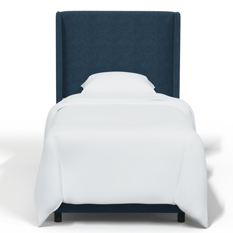Lit tapissier standard à profil bas, Lin texturé bleu marine Zuma, Simple