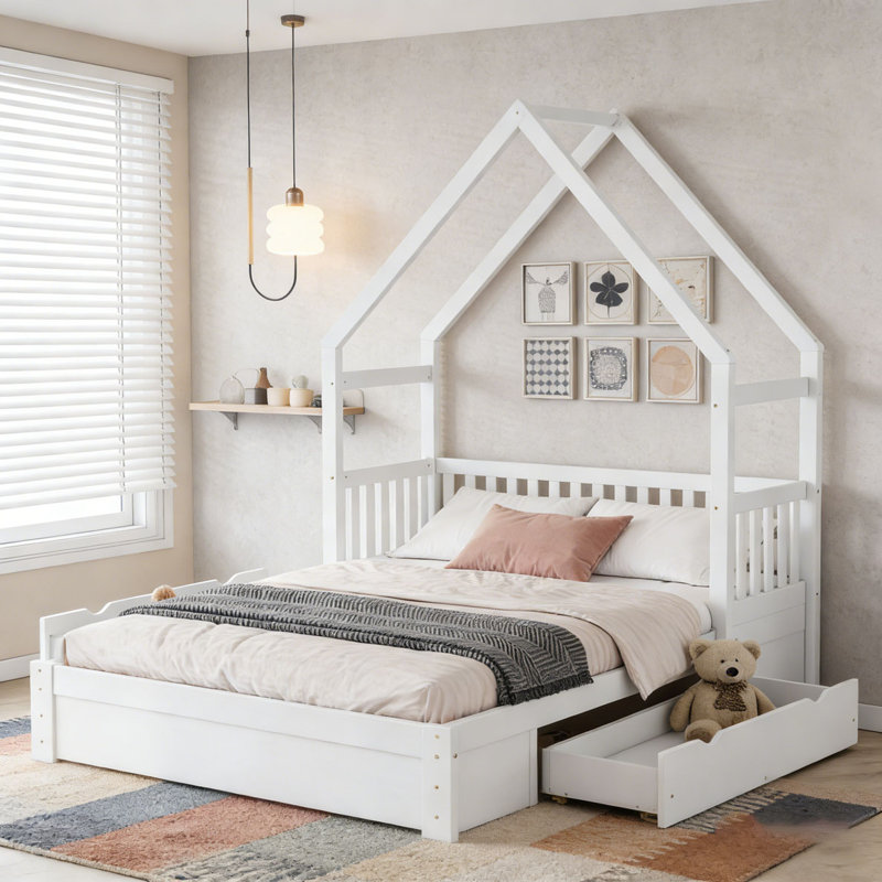 Grand lit plateforme en bois avec garde-corps et 2 tiroirs, Blanc