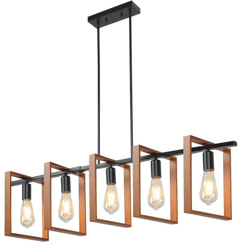 Lustre de ferme 5 lumières avec hauteur réglable, bois rustique et îlot de cuisine en métal noir pour salle à manger