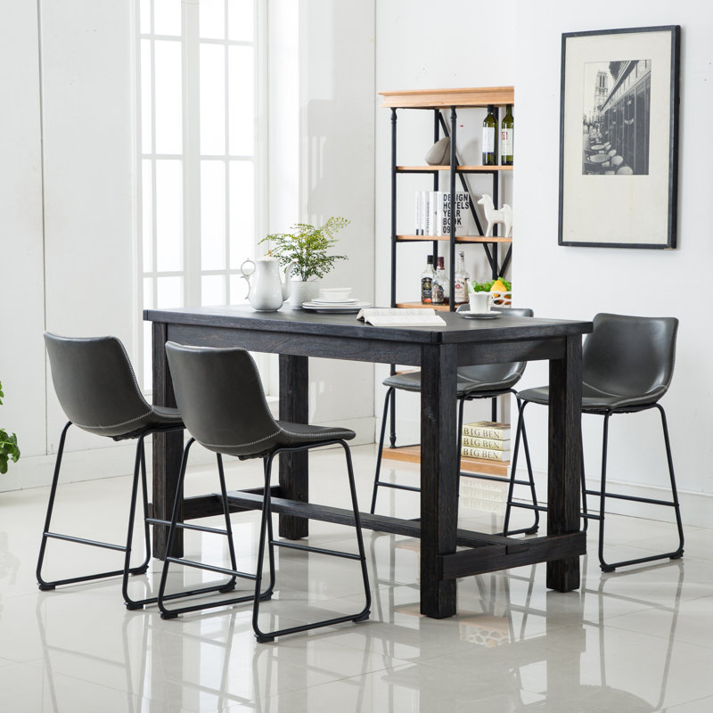 Ensemble de salle à manger à hauteur de comptoir industriel, table en bois patiné et chaises en cuir de polyuréthane, structure en métal