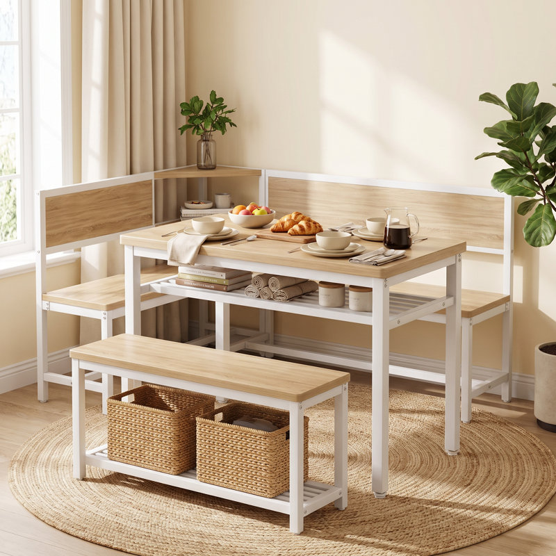 3-Piece Industrial Style Corner Breakfast Nook with L-Shape Bench, Straght Bench and Storage Dining Table, 5-Person Kitchen Dining Set