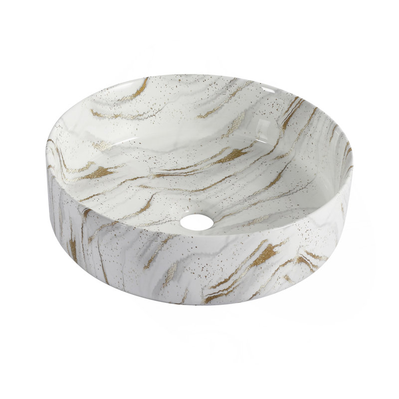 Ceramic Round Above Counter Bathroom Sink Art Basin, White Background With Golden Lines, White
