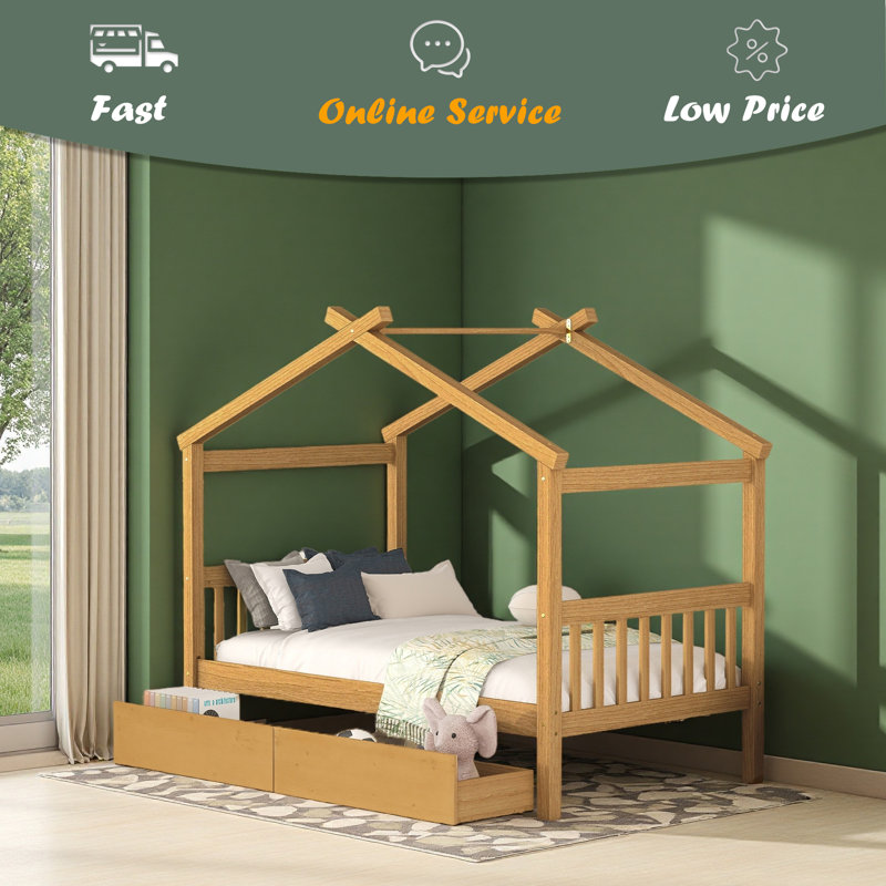 Wooden House Bed With Drawers, Twin