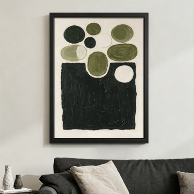 Composition abstraite moderne et abstraite: cercles et ovales en vert, noir et blanc, peinture acrylique texturée. Toile encadrée 24 "x 36" avec cadre en bois noir