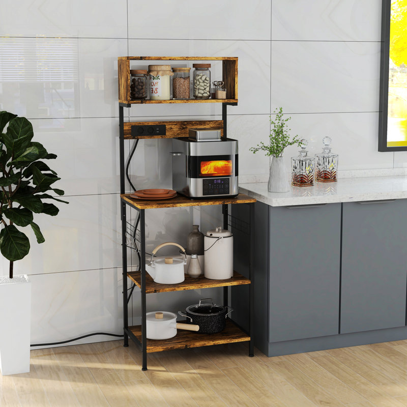 Rustic Brown Adjustable Kitchen Baker's Rack with Power Outlet