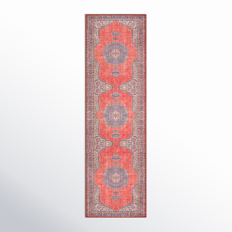 Oriental Power Loom Red/Blue/Ivory Area Rug, Runner 2'3" x 7'6"
