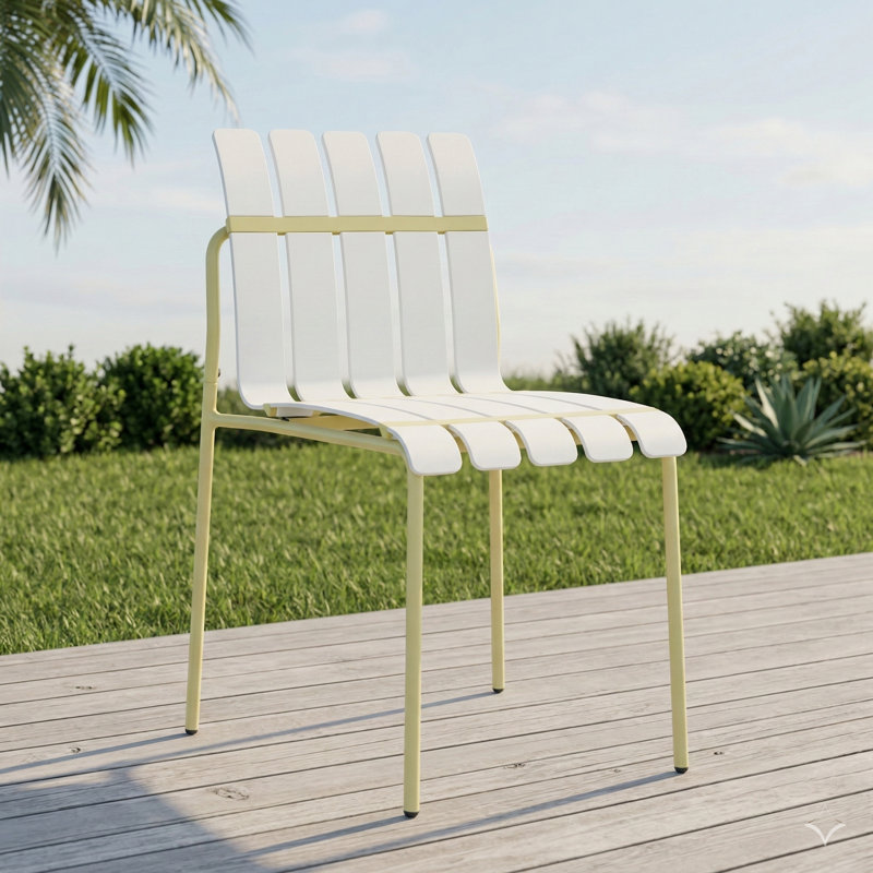 Ensemble de quatre chaises à blocs de couleur à rayures modernes, comprenant un siège en polypropylène imperméable et des pieds en métal robustes, convenant comme chaises de salle à manger intérieures / extérieures pour les patios, balcons et cafés - Coloris blanc et jaune