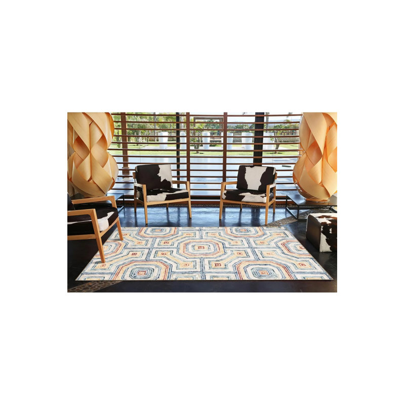 Cream Geometric Checkered Floral Woven Base Washable Carpet, Rectangle 3'4" x 5'