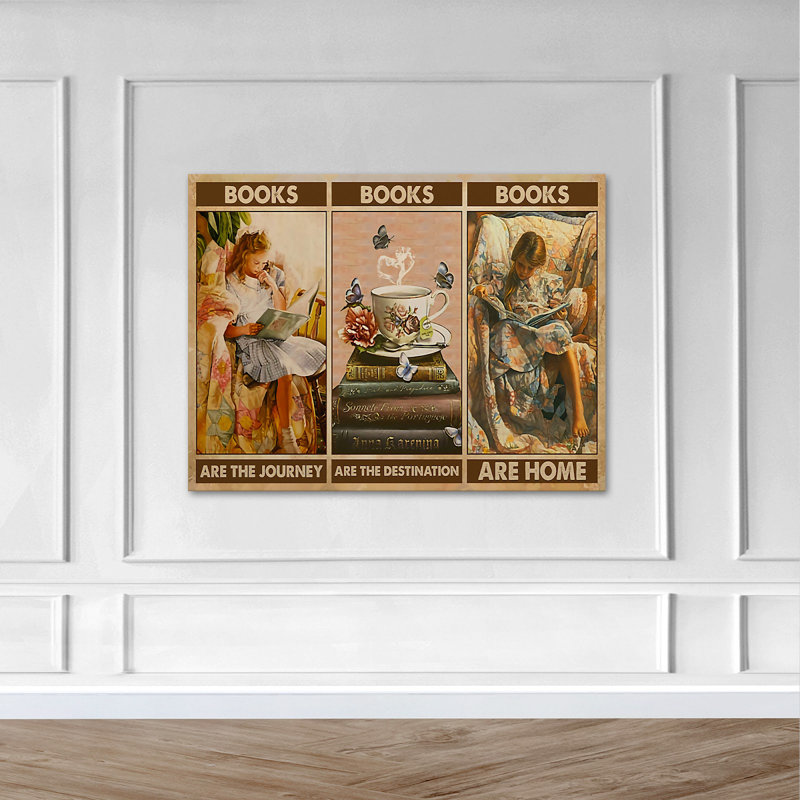 Filles lisant des livres avec du thé - peinture sur toile tendue, H 11 po x l 14 po x P 2 po