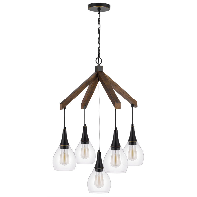 Lustre en bois d'hévéa et en métal 5 lumières avec abat-jour en verre transparent Watkins