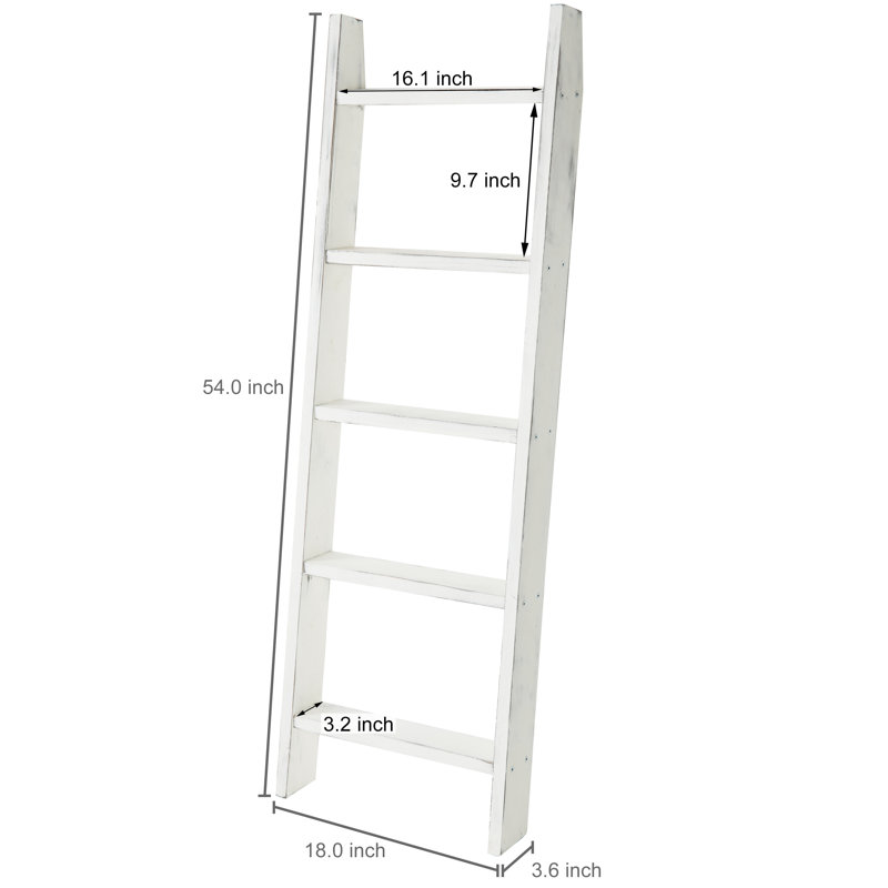 Grande échelle à couvertures en bois blanchi - Porte-serviettes de style campagnard à 5 niveaux, Blanc