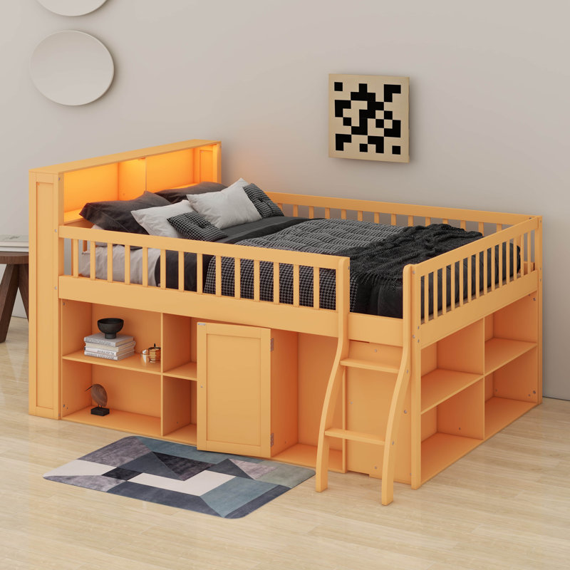 Low Loft Bed With LED Headboard & Storage Shelves, Playhouse Beds With Under-Bed Play Space, Natural, Queen
