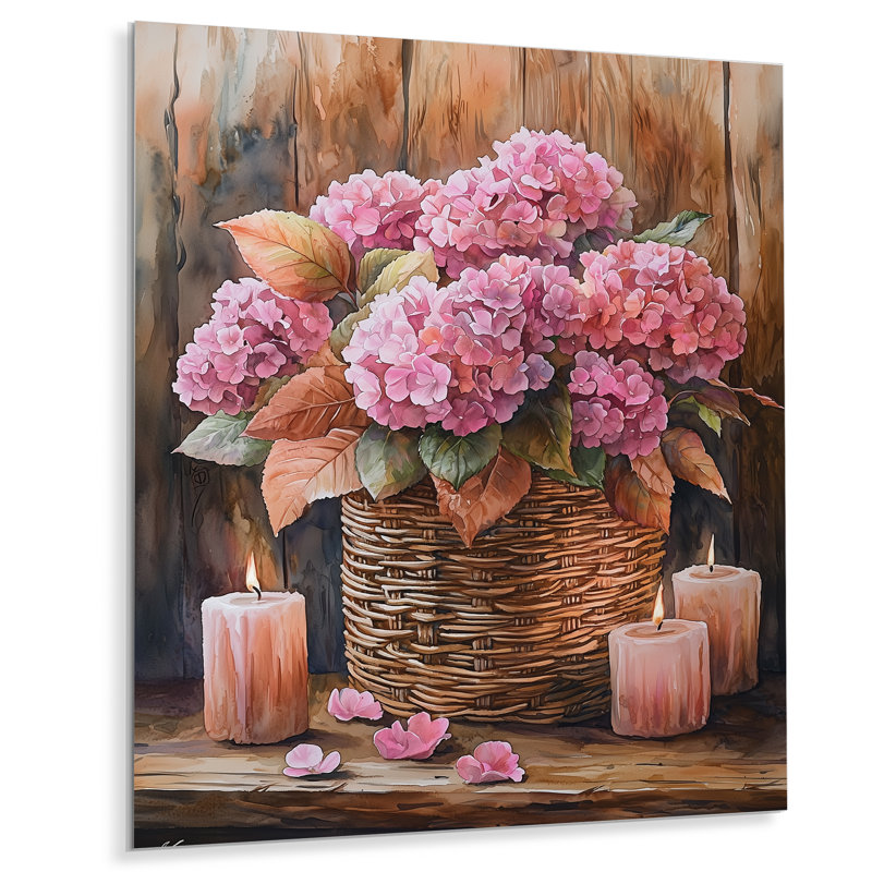 Hortensias dans un panier tissé avec bougie I - reproduction d'art traditionnelle en métal, art mural en métal Hydrangea