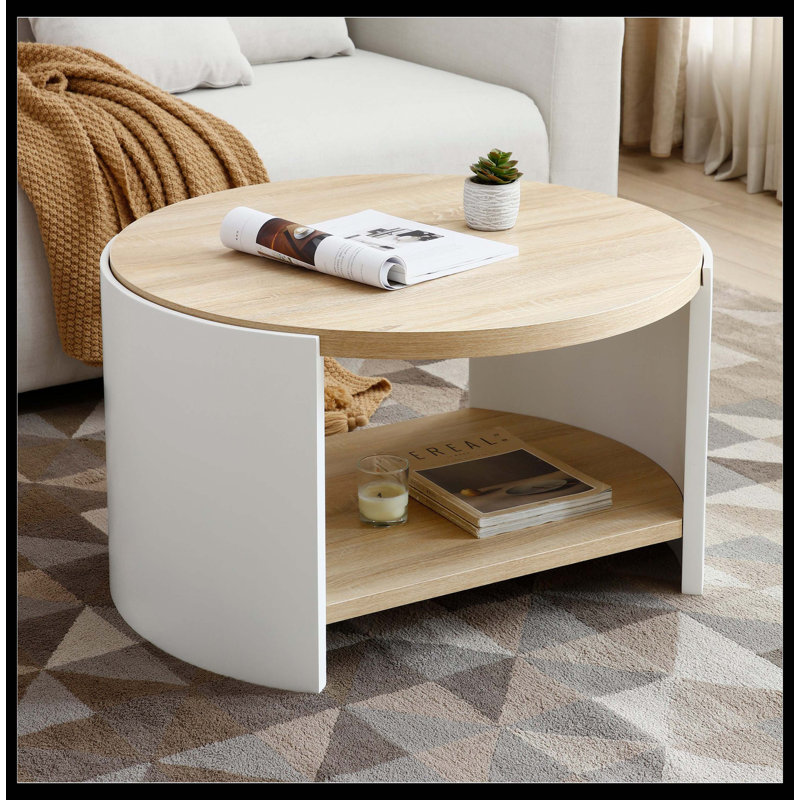 Table basse ronde, table basse de 31 po pour le salon, bureau en bois rustique à 2 niveaux avec tablette de rangement, mobilier de design moderne (couleur naturelle et blanc)