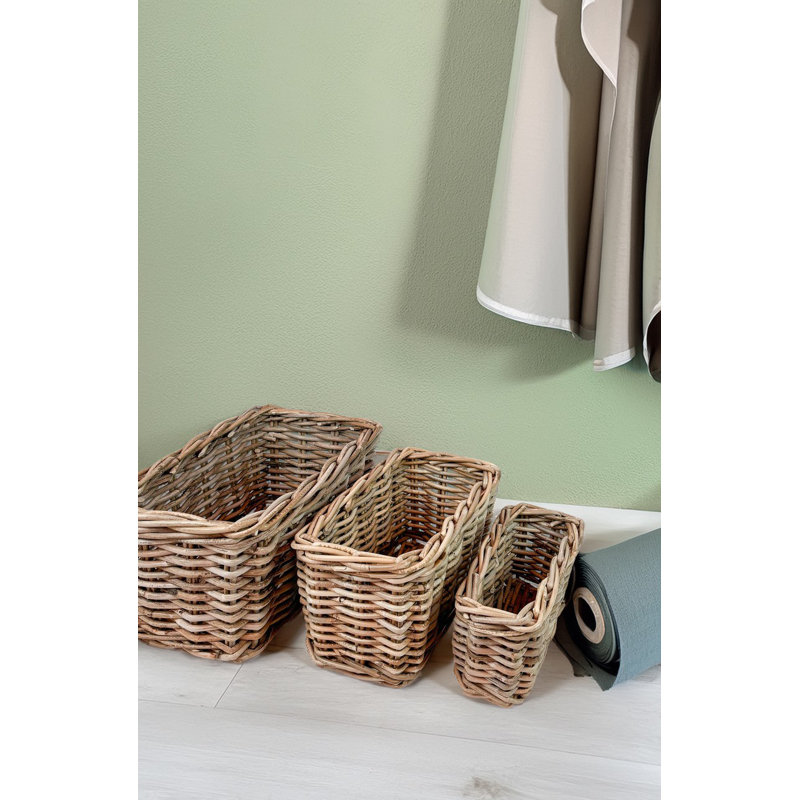 Set Of 3 Grey Rectangle Rattan Baskets