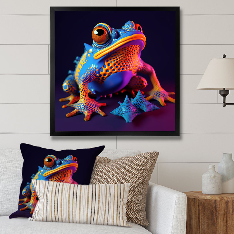 3D Neon Frog I - reproduction sur toile, Cadre simple noir, H 36 po x l 36 po x P 1,5 po