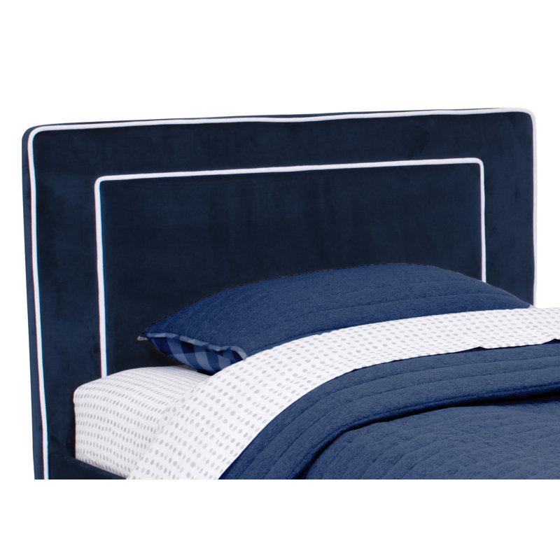 Blue Upholstered Twin Bed with Wood Frame and Headboard