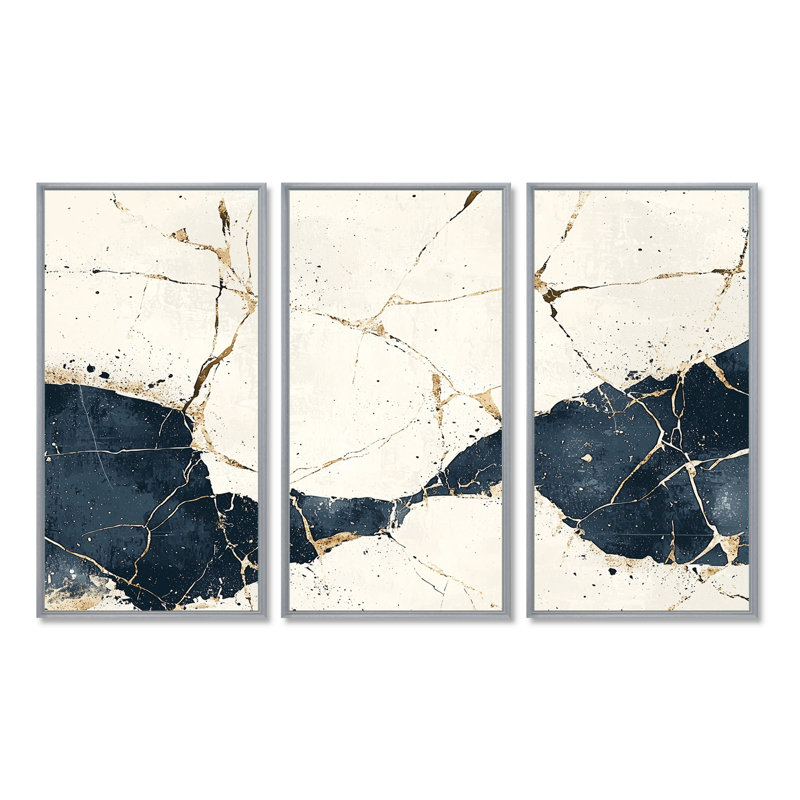 Blanc et bleu luxueux de marbre abstrait I - ensemble d'art mural abstrait en marbre, 28 po H x 36 po L, Argent argent
