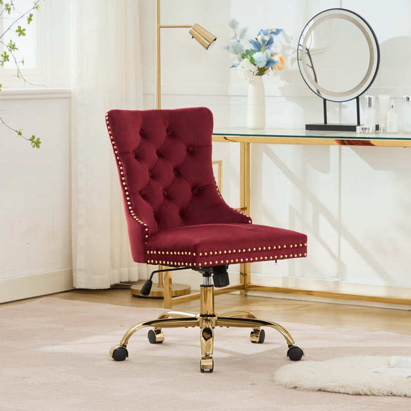 Chaise de bureau moderne capitonnée en velours capitonné avec base en métal doré, réglable et pivotante pour la maison ou le travail