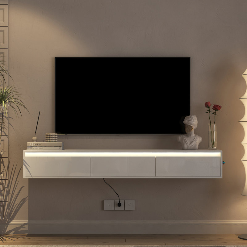 Meuble télé mural flottant avec lumières à DEL et prise de courant, armoire blanche ultrabrillante pour salon de 60 à 69 pouces, tablettes ouvertes, rangement tactile, solution de gestion des câbles,