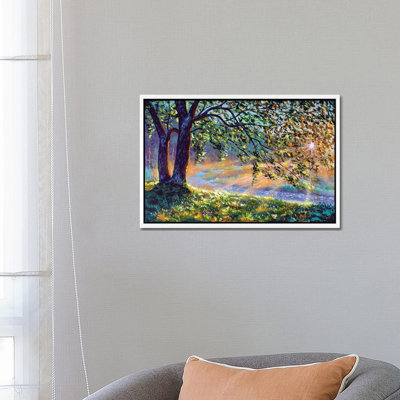 First Sun Rays In River. Big Trees And Warm Sunny Grass by Valery Rybakow - Painting on Canvas
