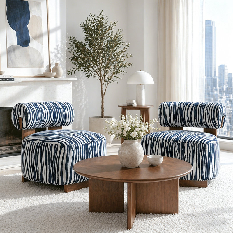 2-Pieces Zebra Strips Accent Chair With Cylindrical Back Chenille Upholstered Cozy Chair With Wood Frame Cute Chair For Living Room, Bedroom