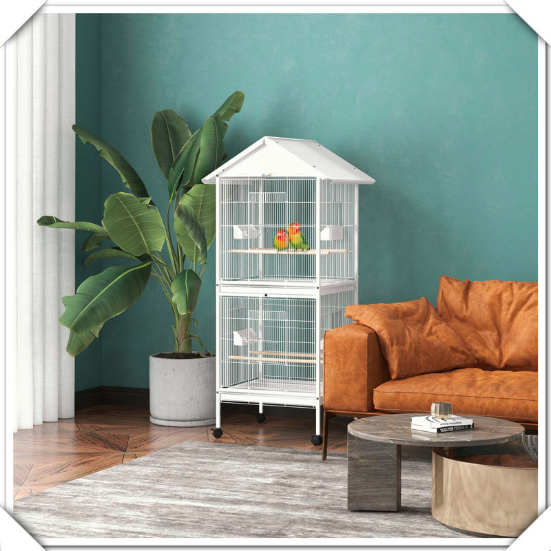 Cage à oiseaux en métal forgé avec support roulant