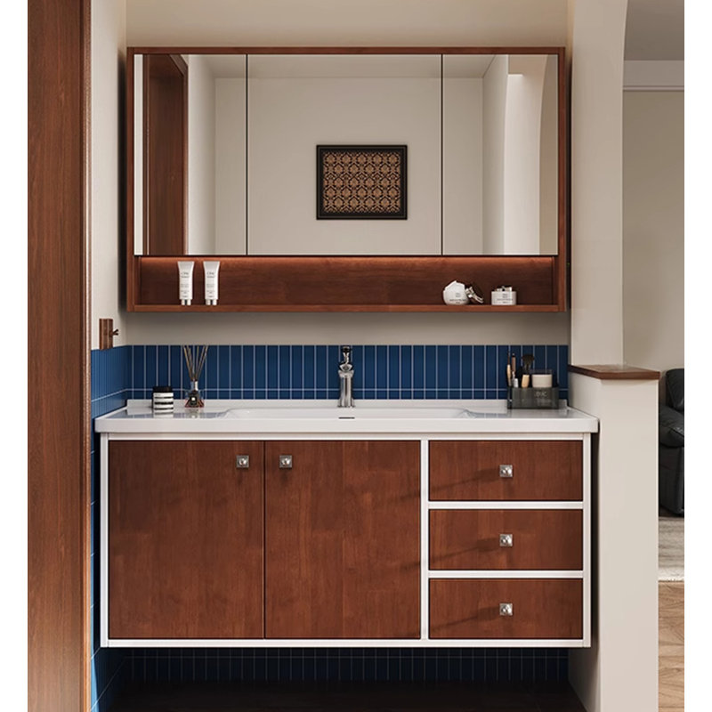 Meuble-lavabo en bois d'hévéa de style Bauhaus avec finition brune et lavabo en céramique