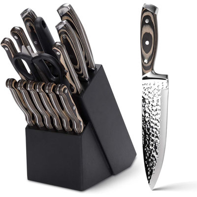 15-Piece Professional Kitchen Knife Set With Wooden Block, High-Carbon Stainless Steel Chef Knives, Self-Sharpening, Hammered Design For Precision Cutting