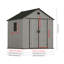 Gray wood-grain pointed-roof plastic tool shed