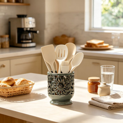 Farmhouse Ceramic Utensil Holder for Countertop, Rustic Kitchen Tool Crock with Cork Base, Decorative Hollow Carving Flower Design, Vintage Country Style Storage Jar for Spatula and Cooking Utensils, Gray Blue Brown
