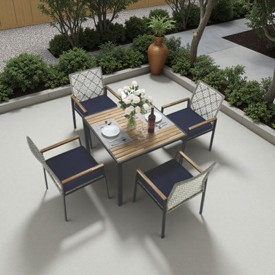 All Weather 5-Piece Patio Dining Table Sets, Patio Conversation Set Acacia Wood Table Top With Umbrella Hole