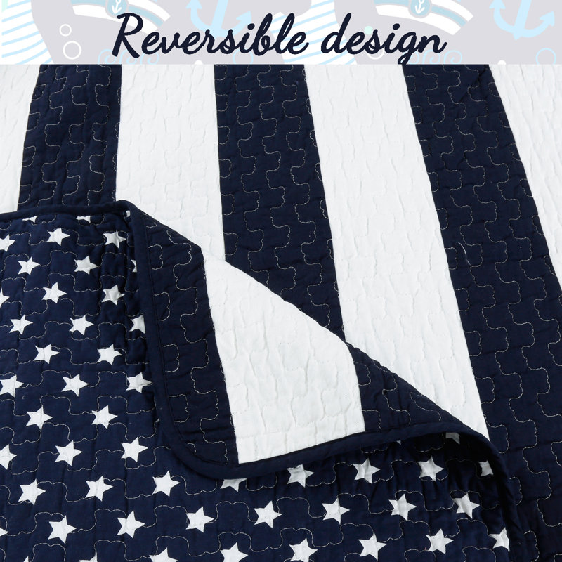 Navy and White Striped Cotton Full Quilt Set