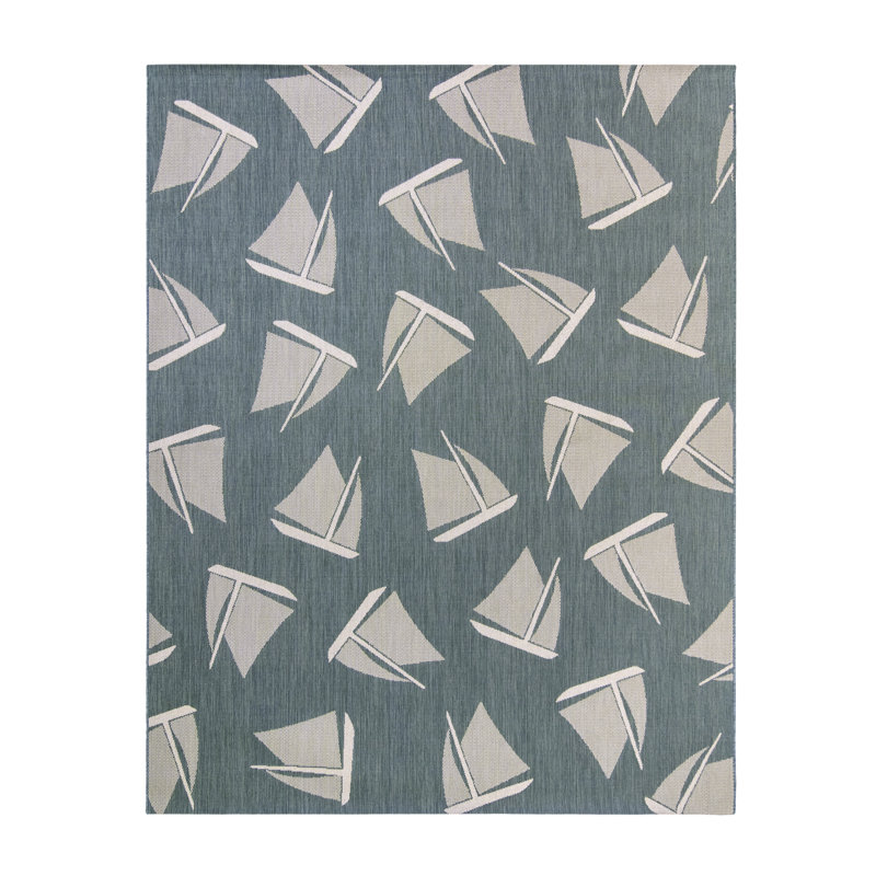 Paseo Bateau Nautical Sailboat Aqua Teal/Gray Flatweave Indoor/Outdoor Area Rug, Rectangle 5'3" x 7'