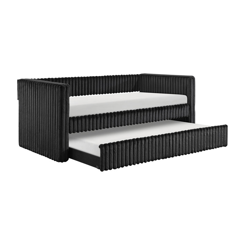Daybed With Trundle Corduroy Fabric Upholstery Modern Luxury Home Furniture Durable Comfortable, Black