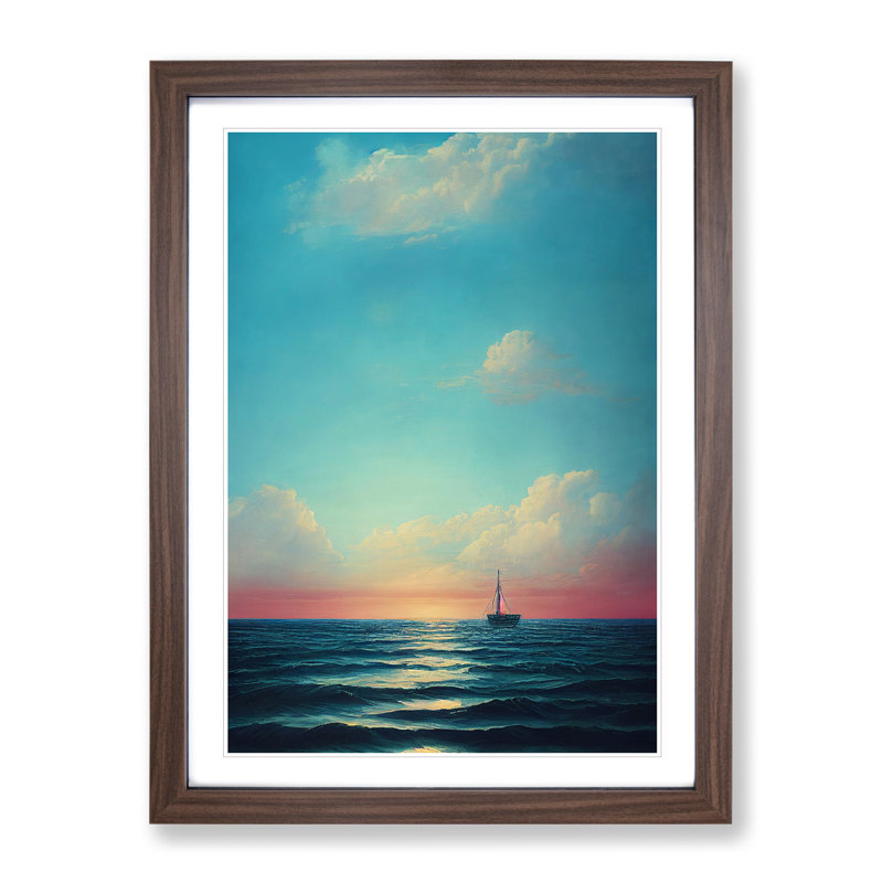 Boat Seascape - Wall Art, 48cm H x 36cm W, Walnut Framed, White