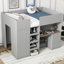 Lit mezzanine double en bois avec garde-robe intégrée, bureau, tablettes de rangement et tiroirs, gris-433386985