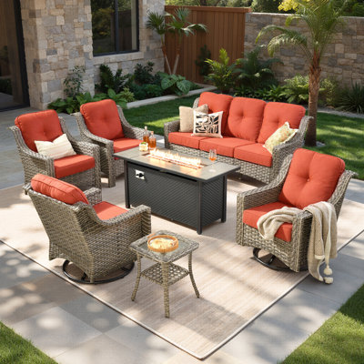 Daliya 7 - Person Outdoor Wicker Patio Conversation Furniture Set With Fire Pit Table And Swivel Rocking Chairs