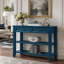 Console en bois massif de style Mid-Century avec 2 tiroirs et 2 tablettes, bleu marine, idéale pour le salon et le vestibule